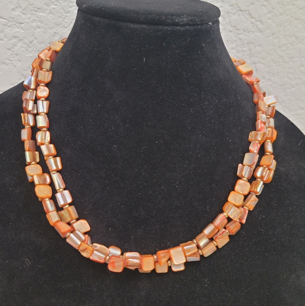 Amber Peach Mother Of Pearl Necklace- Vintage, Estate